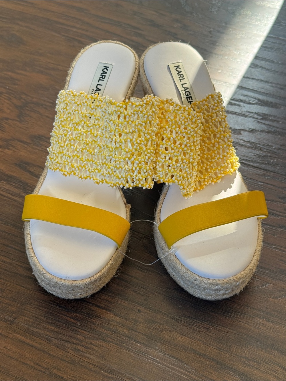 Karl Lagerfeld Yellow and White Beaded Slide Sandals